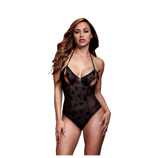 Zwart Kanten Bodysuit & BH Bandjes Rode Boog One Size Baci Lingerie BW3112