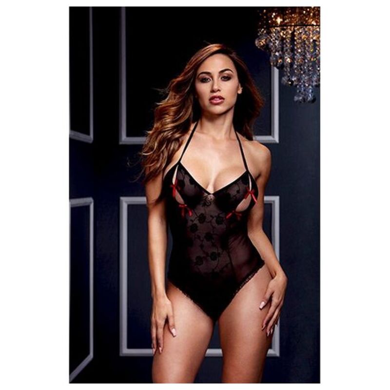 Zwart Kanten Bodysuit & BH Bandjes Rode Boog One Size Baci Lingerie BW3112